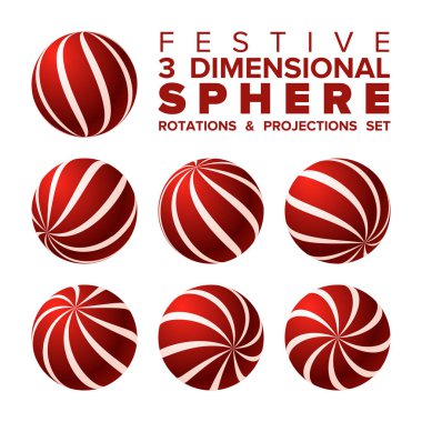 Vektör 3d Christmas kırmızı ve beyaz çizgili topu rotasyonlar ve projeksiyonlar seti