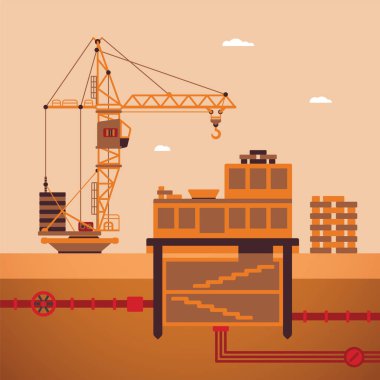 Konut ev inşaat süreci vinç ve underground utilities ile vektör kavramı