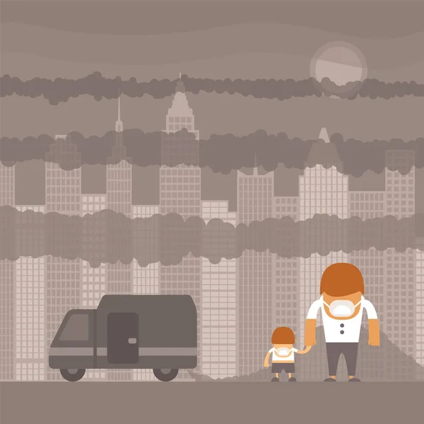 Concepto Fondo Ecología Urbana Vectorial Con Nubes Humo Paisaje Urbano — Vector de stock