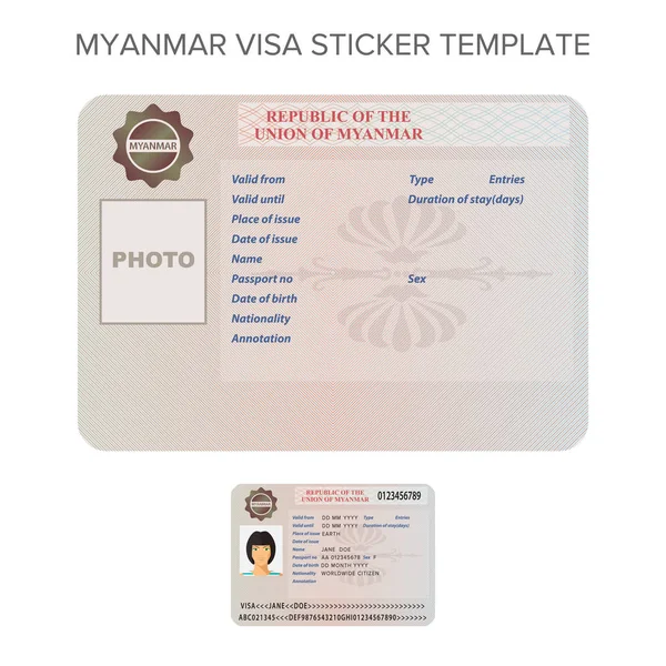 フラット スタイルのベクトル ミャンマー国際パスポート ステッカー テンプレート — ストックベクタ