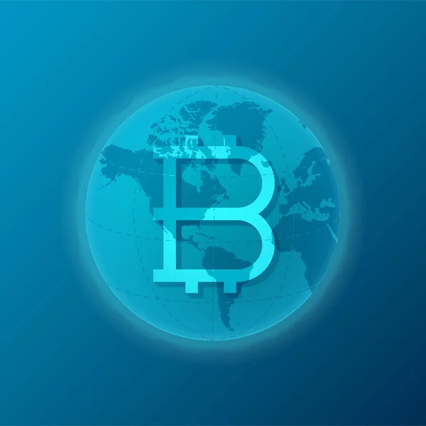 Globální Bitcoin Kryptoměn Vzhled Koncept Mapou Světa — Stockový vektor
