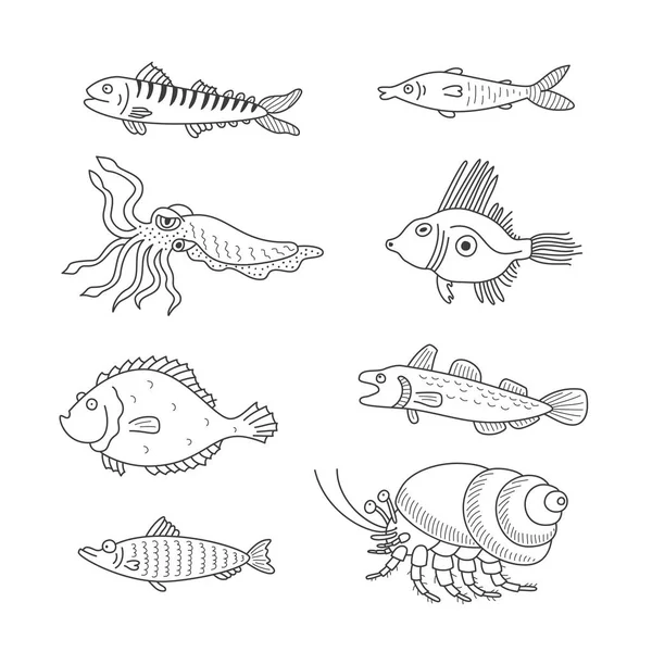 Conjunto Peces Garabatos Vectoriales Monocromáticos Habitantes Del Mar Aislados Sobre — Vector de stock