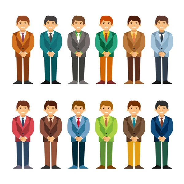 Dibujos Animados Hombres Caucásicos Traje Negocios Conjunto Estilo Plano Postura — Vector de stock