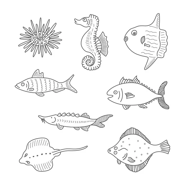 Conjunto Peces Garabatos Vectoriales Monocromáticos Habitantes Del Mar Aislados Sobre — Vector de stock