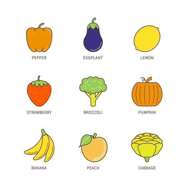 Vettore Minimale Lineart Piatto Frutta Verdura Iconset — Vettoriale Stock