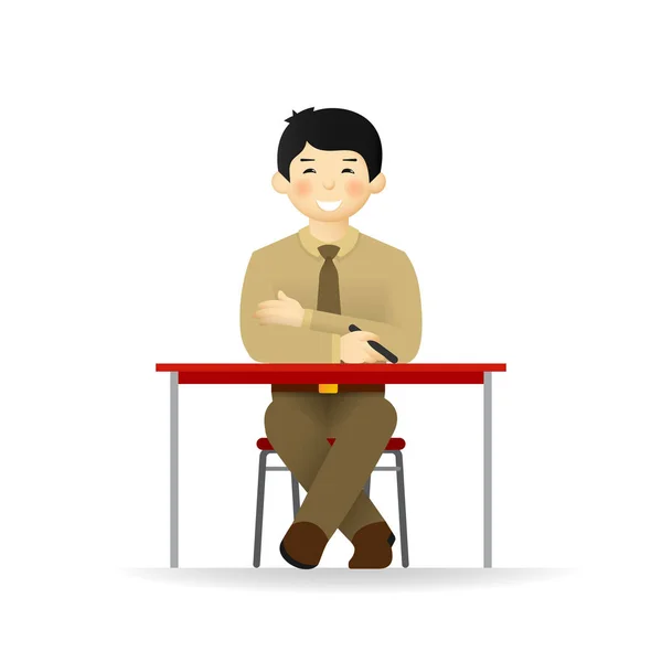 Freche Asiatische Mann Pullover Und Hemd Posiert Tisch Sitzen — Stockvektor
