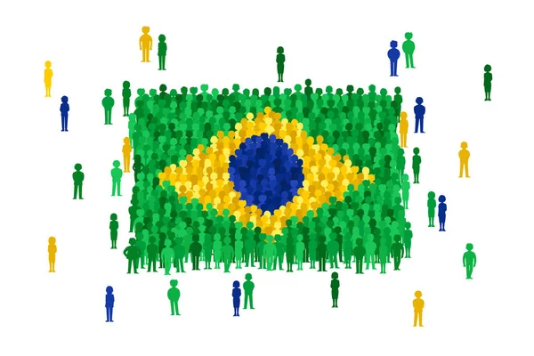 Çizgi Film Insanlar Kalabalık Tarafından Kurulan Vektör Brezilya Devlet Bayrağı — Stok Vektör