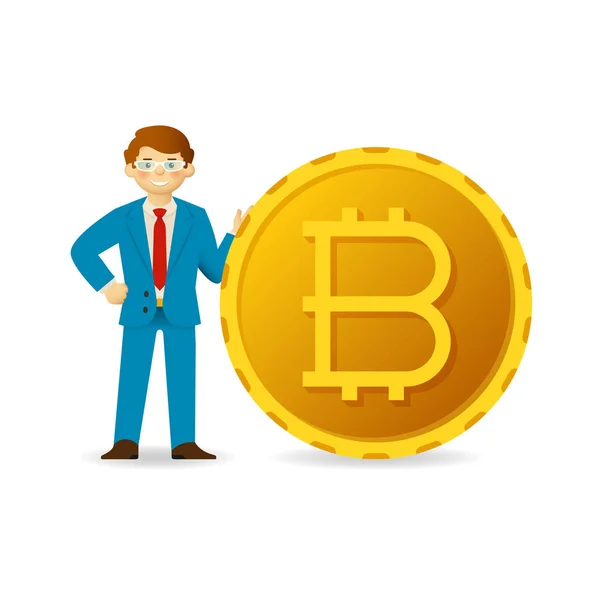 Üzletember Nagy Bitcoin Érme Vektor Koncepció Lapos Stílusú — Stock Vector