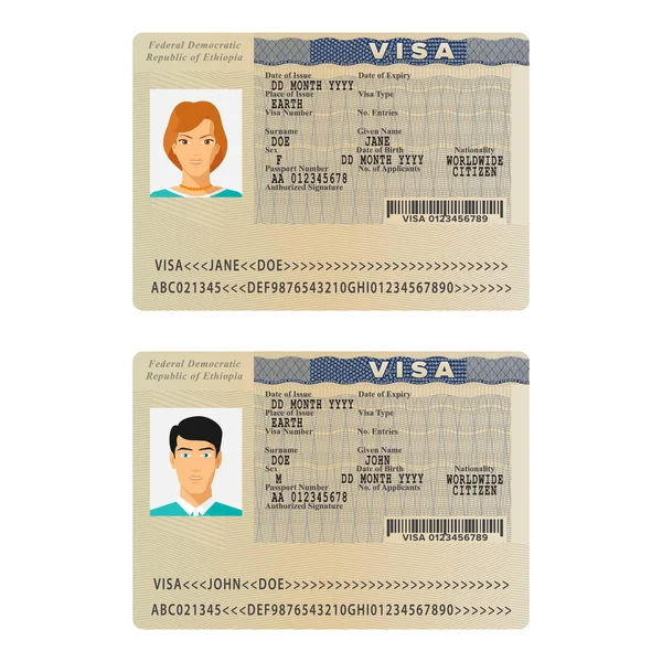 Vector Ethiopia International Passport Visa Sticker Template Flat Style — Stock Vector