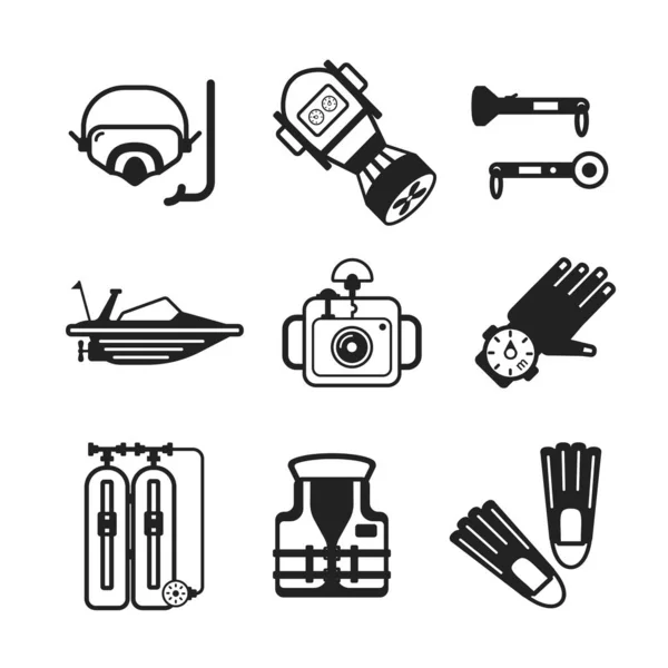 Conjunto Iconos Buceo Vectorial Monocromo Como Aletas Máscara Aletas Linterna — Vector de stock