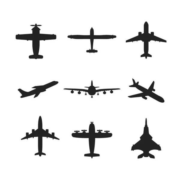 Verschiedene Monochrome Vektorflugzeuge Icon Set — Stockvektor