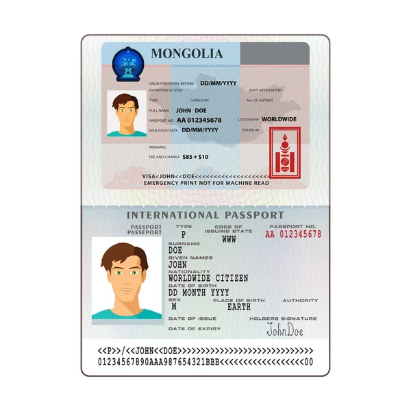 Plantilla Etiqueta Engomada Visa Pasaporte Internacional Mongolia Abierta Estilo Plano — Vector de stock