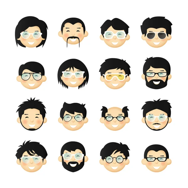 Asian Men Head Avatar Iconset Beards Mustaches Glasses Rosy Cheeks — Stock Vector