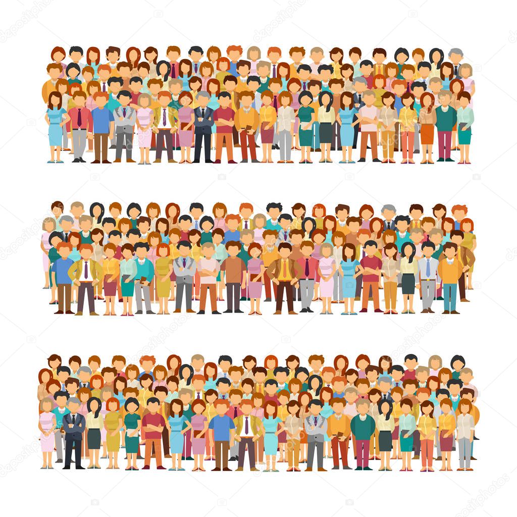 Set of vector people groups arranged in a row in flat style