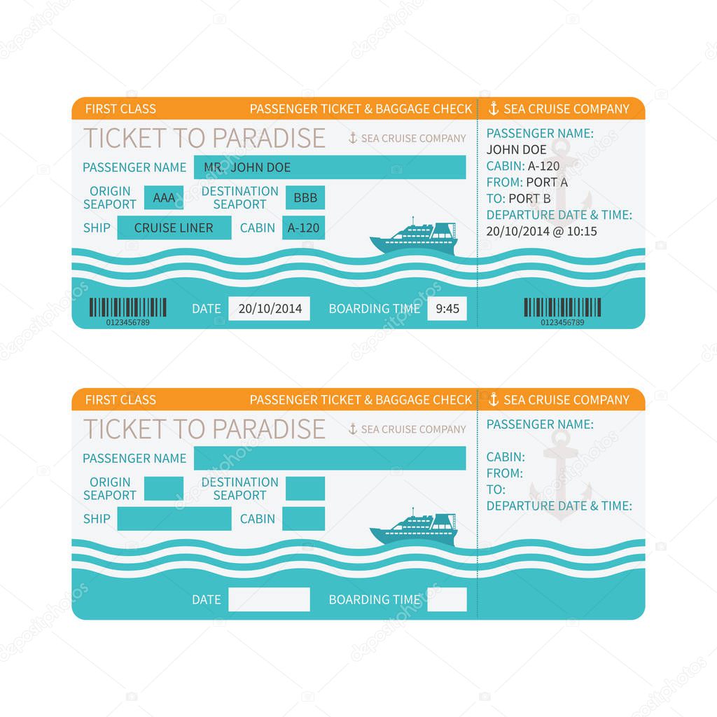 Sea cruise ship boarding pass or ticket template