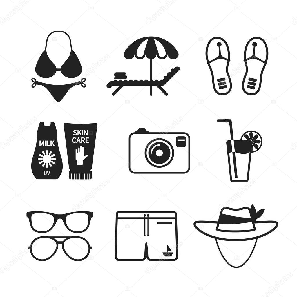 Set of vector monochrome beach vacations icons like bikini lounger tent slippers photo camera cocktail sunglasses hat and melting in flat style