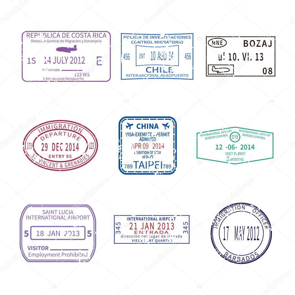 Vector international business and vacations travel visa stamps for passport set