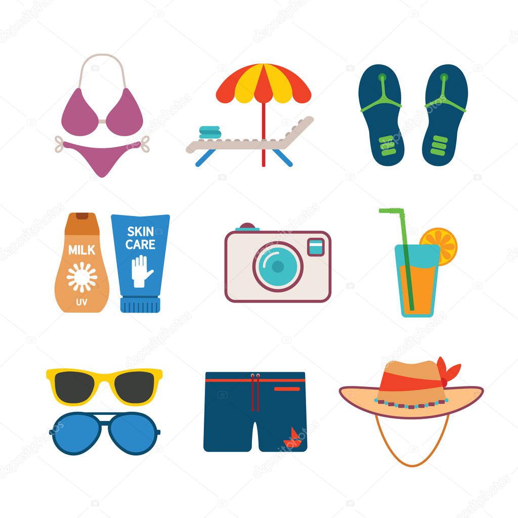 Set of vector colorful beach vacations icons like bikini lounger tent slippers photo camera cocktail sunglasses hat and melting in flat style