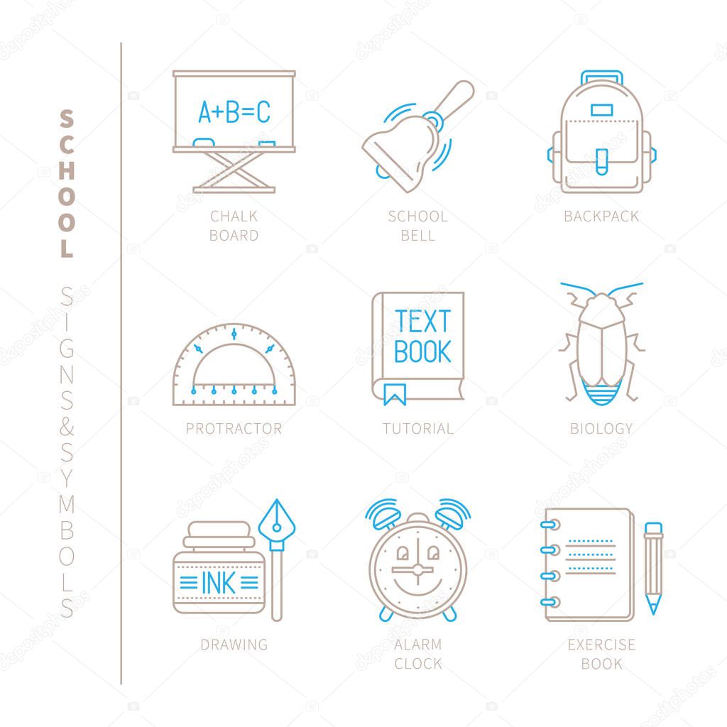 Set of vector school icons and concepts in mono thin line style