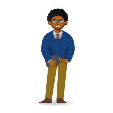 Gömlek ve pantolon poz arsız Afrika adam. Gadget'ı veya kitap tutan.