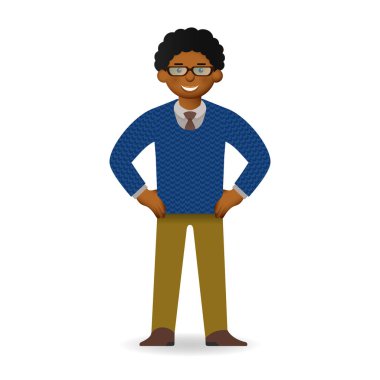 Vektör arsız Afrika adam kazak ve gömlek poz. Patronluk jest.