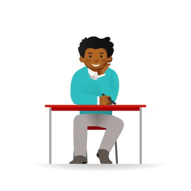 Kazak ve gömlek poz arsız Afrika adam. Masada oturan.