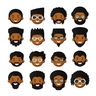 Vektör Afrika erkek avatar Iconset sakal, bıyık, gözlük ve pembe yanakları ile baş