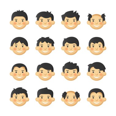 Pembe yanaklı olan erkekler için farklı saç modeli. Vektör avatarlar set.