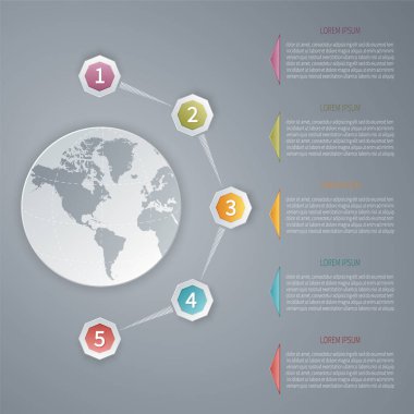 beş adım vektör 3d Infographic şablonu ile Dünya Haritası.