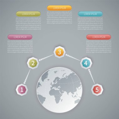 beş adım vektör 3d Infographic şablonu ile Dünya Haritası.