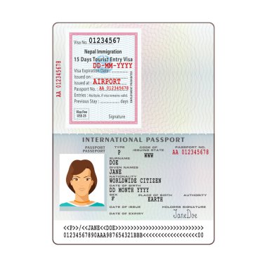 Açık Nepal uluslararası pasaport vize etiket şablon düz stil.