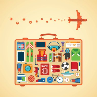 yaz tatillerini planlama uçakta seyahat turizm sektörü için vektör modern düz stil Icons set.