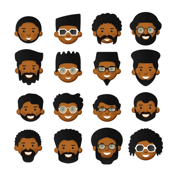 Vecteur Homme Africain Tête Avatar Iconset Avec Barbe Moustaches Lunettes — Image vectorielle