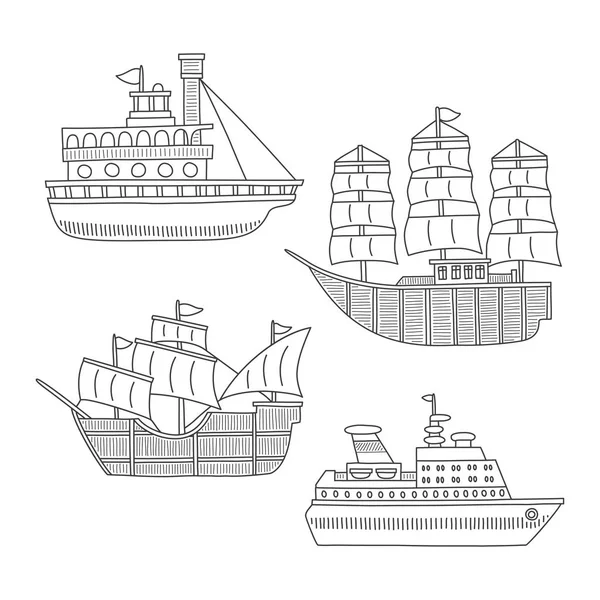 Conjunto Barcos Monocromáticos Vetor Doodle Navios Isolados Sobre Fundo Branco — Vetor de Stock