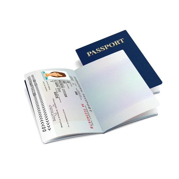 ベクトル赤いパスポート テンプレート サンプル個人梨花データ ページに — ストックベクタ