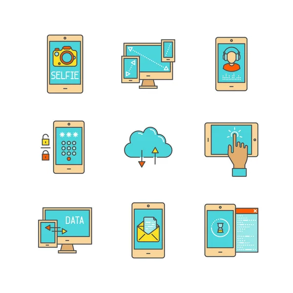 Conjunto Iconos Tecnología Móvil Plana Lineal Mínima Vectorial — Vector de stock