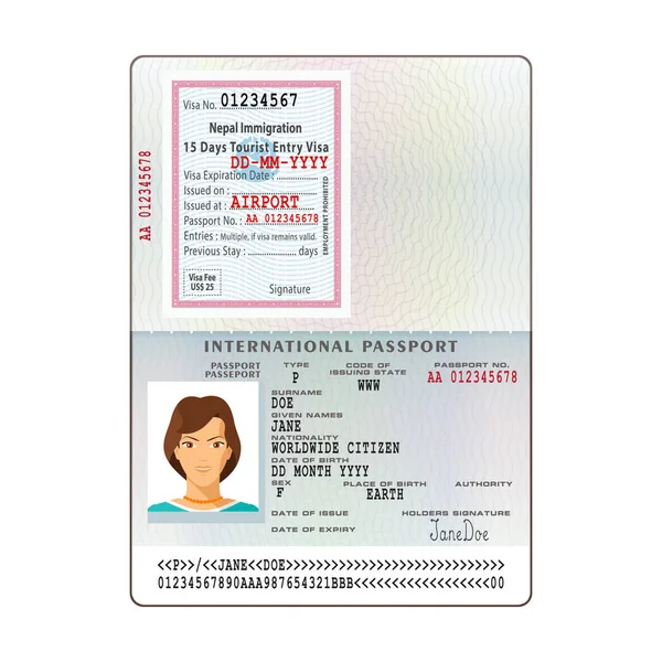 Open Nepal International Passport Visa Sticker Template Flat Style — Stock Vector