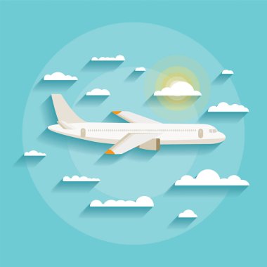 Detaylı uçak modern düz tasarım mavi gökyüzünde bulutlar üzerinden uçan vektör illüstrasyon kavramı. şık arka planda izole.