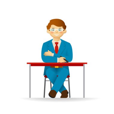 Vektör arsız beyaz adam masada oturan takım elbiseli.