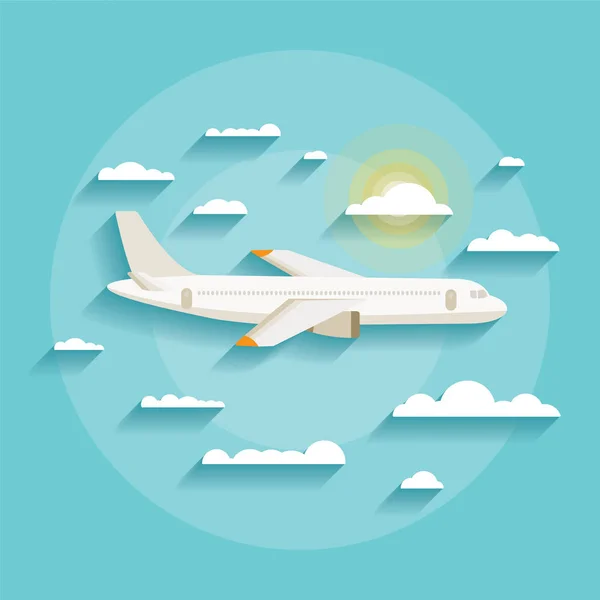 Concepto Ilustración Vectorial Avión Detallado Volando Través Nubes Cielo Azul — Archivo Imágenes Vectoriales