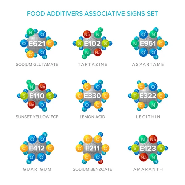 Aditivos Alimentarios Signos Vectoriales Con Estructuras Moleculares Asociativas Conjunto — Vector de stock