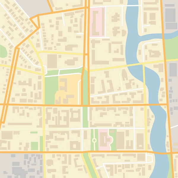 Mapa Ciudad Vectorial Con Ubicaciones Objetos Típicos Como Carreteras Casas — Archivo Imágenes Vectoriales