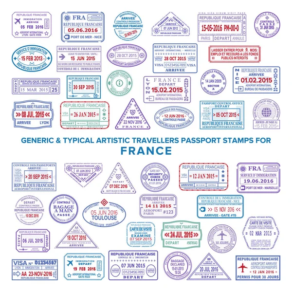 Custom Vector Typical Artistic Passport Arrival Departure Stamps Variations Set — Stock Vector