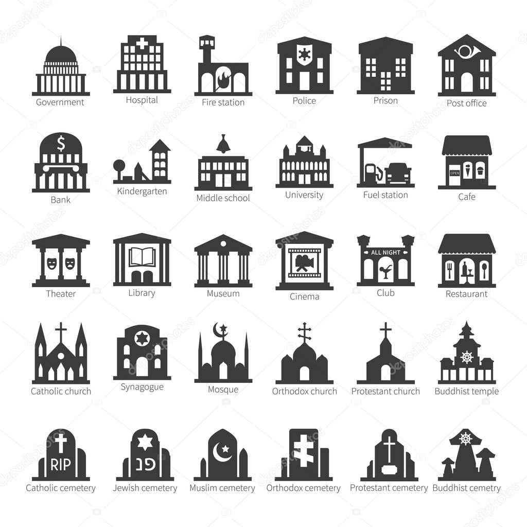 Common buildings and places like government police hospital church cafe bank restaurant theater cinema fuel station night club temple sinagogue cemetery vector icon set