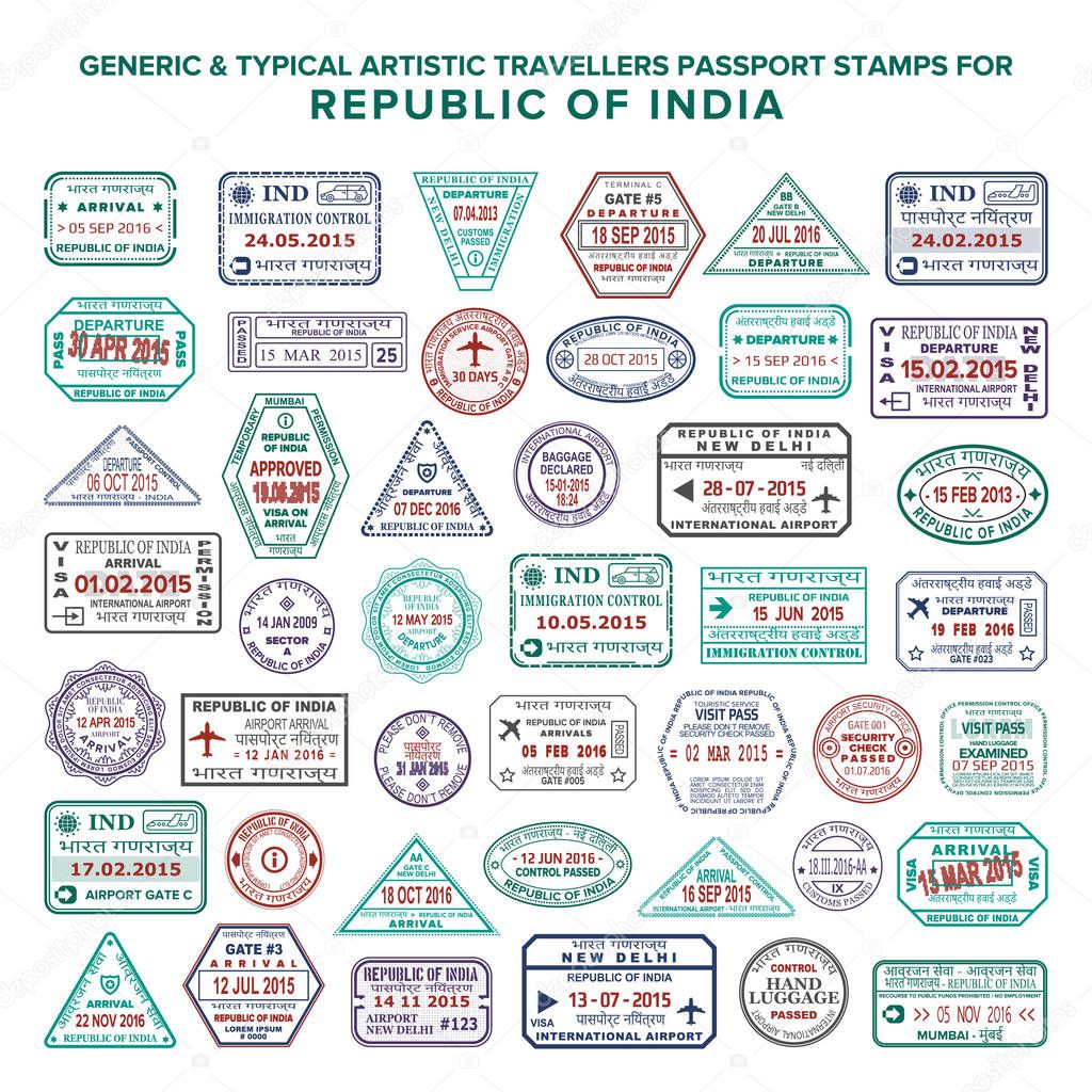 Custom vector typical artistic passport arrival and departure stamps variations set for India