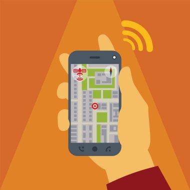 bir smartphone gps navigasyon ile elinde tutan adam vektör illüstrasyon kavramı.