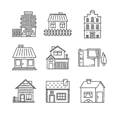 Vektör binalar simgeler ve kroki tarzı kavramları