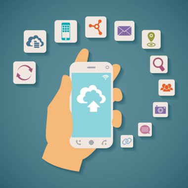 Cep telefonu, depolama, bilgisayar, arama, fotoğraf albümü, veri alışverişi gibi cep telefonlarında bulut hizmetleri kavramı. Mobil aygıtın etrafında renkli simgeler veya web düğmeleri ile.