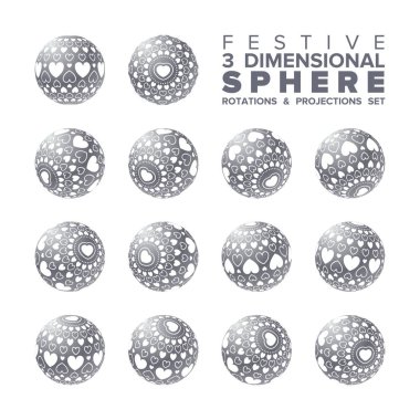 Vektör 3D heartshaped gümüş ve beyaz topu rotasyonlar ve projeksiyonlar seti