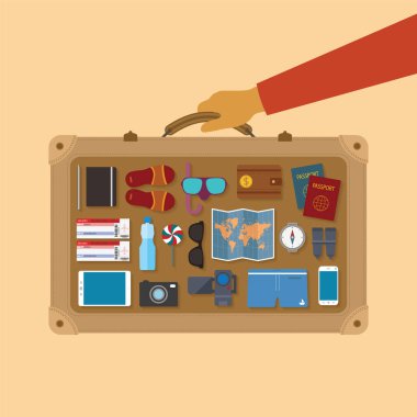 yaz tatillerini planlama uçakta seyahat turizm sektörü için vektör modern düz stil Icons set.